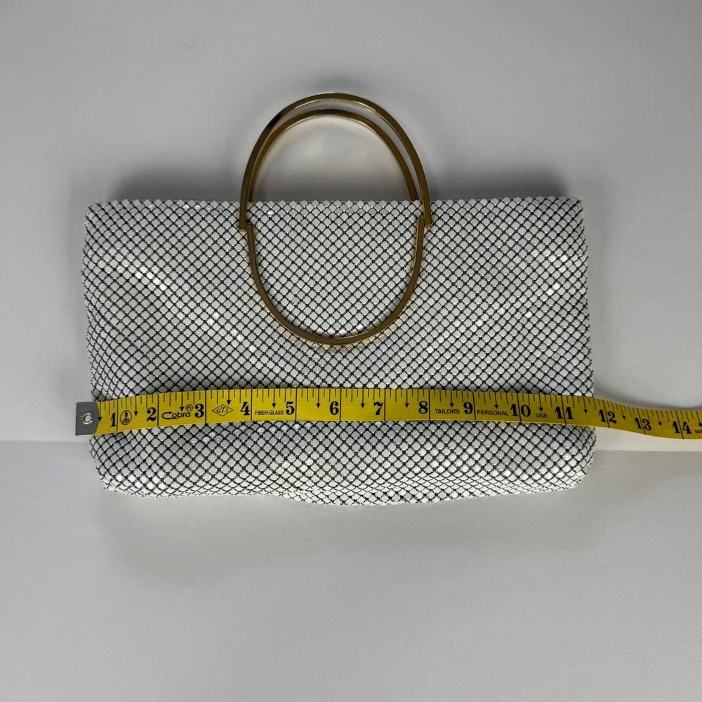 Vintage White Enameled Metal Mesh Evening Bag Gold Ring Handle Clutch Formal